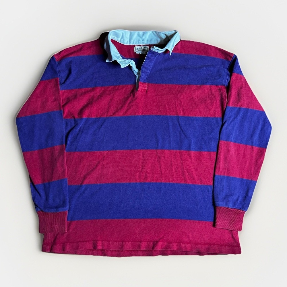 Vintage LL Bean Rugby Shirt Mens XXL Red Plum Striped Heavy Cotton 90s Made USA